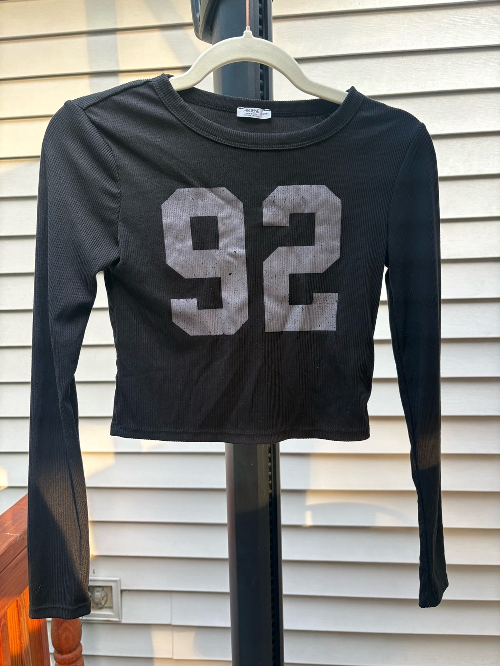 Ardene Black Long Sleeve Crop Top with Grey "92" Graphic